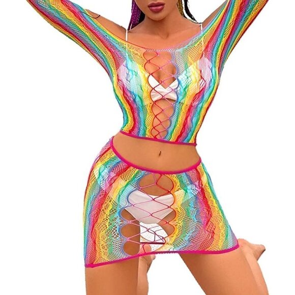 🌈 Rainbow Fishnet Stockings Mesh Lingerie Bodysuit Party Rave Boho Cosplay NWT - Picture 6 of 6